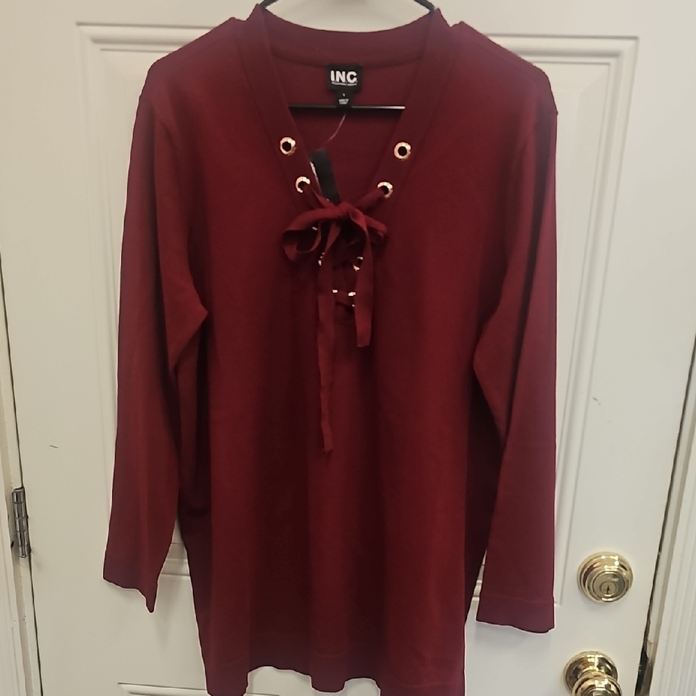 INC, Plum, Wine, Lace-Up, Long Sleeve, Top, Office, Teacher, Relax, Cozy, School